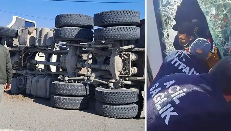 Virajı Alamayan Kamyonun Yan Yatması Olay Yeri Korku Dolu Anlara Sahne Oldu